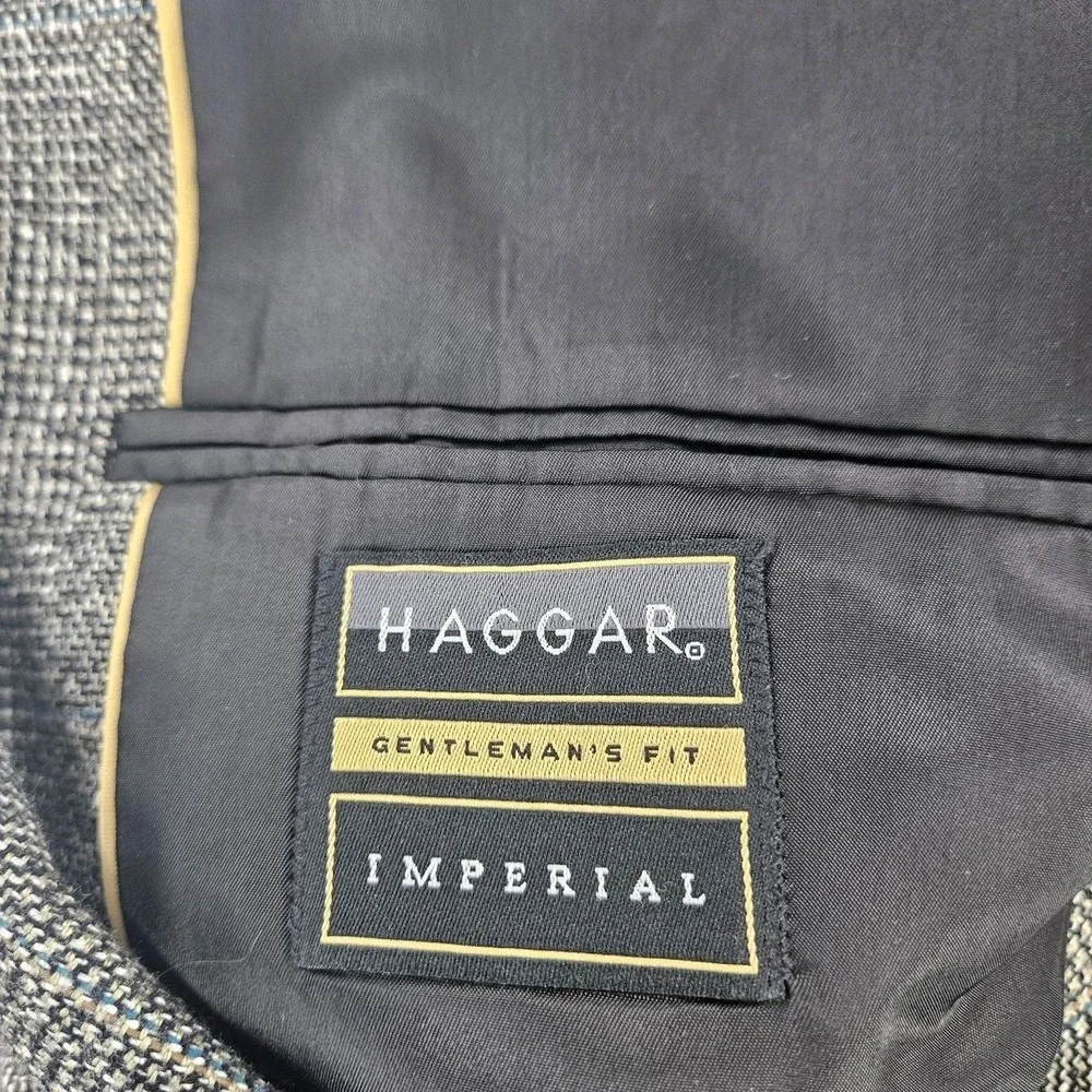 Vtg 90s Haggar Black White Blue Plaid Wool Tweed Sports Coat Blazer Med ~40R USA